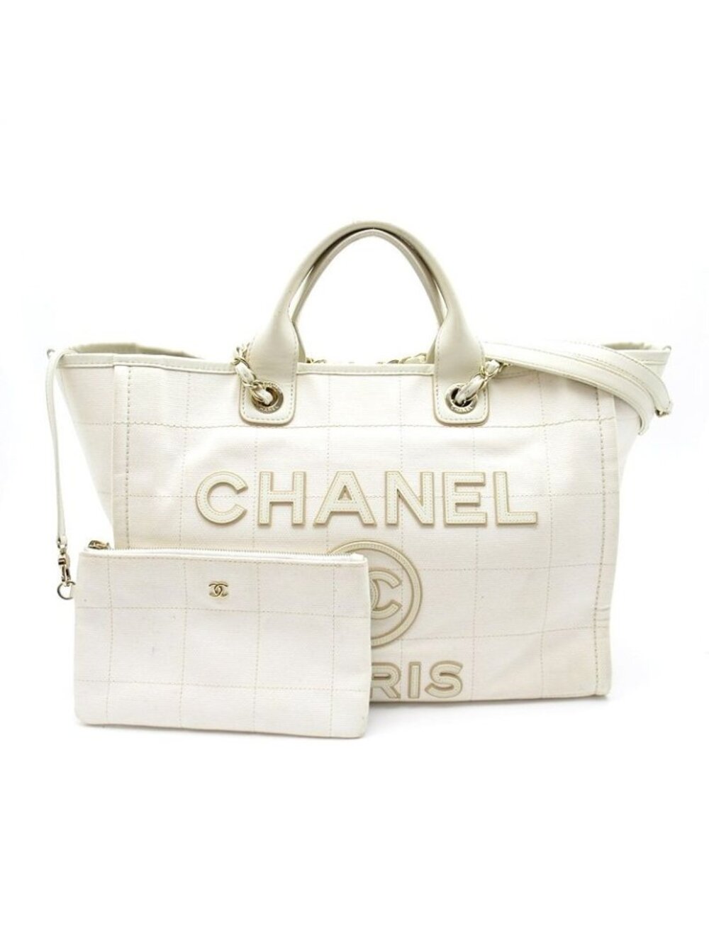 Chanel Deauville Line Tote GM Canvas Calfskin White
